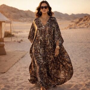 Luxell Intimates Kaftan Maxi Dress Animal Print Tiger V-Neck Gold Trim One Size